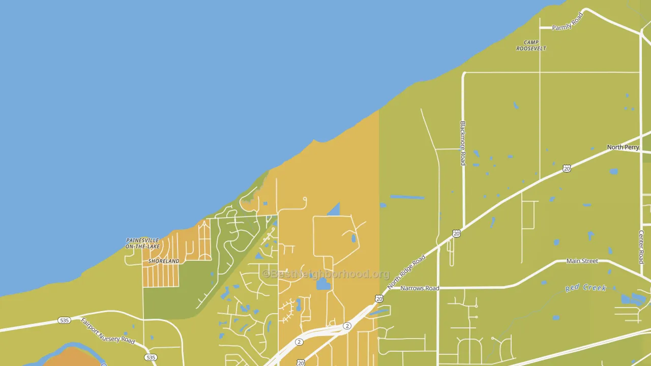 Map of the best neighborhoods in the Painesville on the Lake area, with better matches in green and worse matches in red