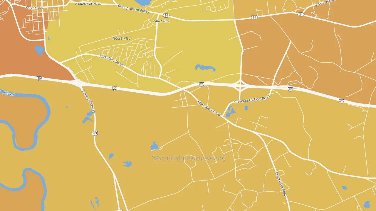 Map of the best neighborhoods in the Paint Hill area, with better matches in green and worse matches in red