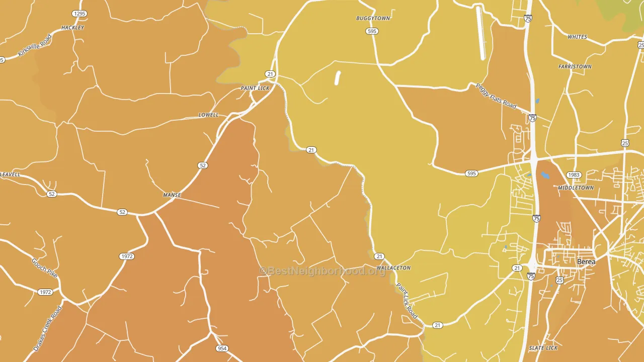 Map of the best neighborhoods in the Paint Lick area, with better matches in green and worse matches in red