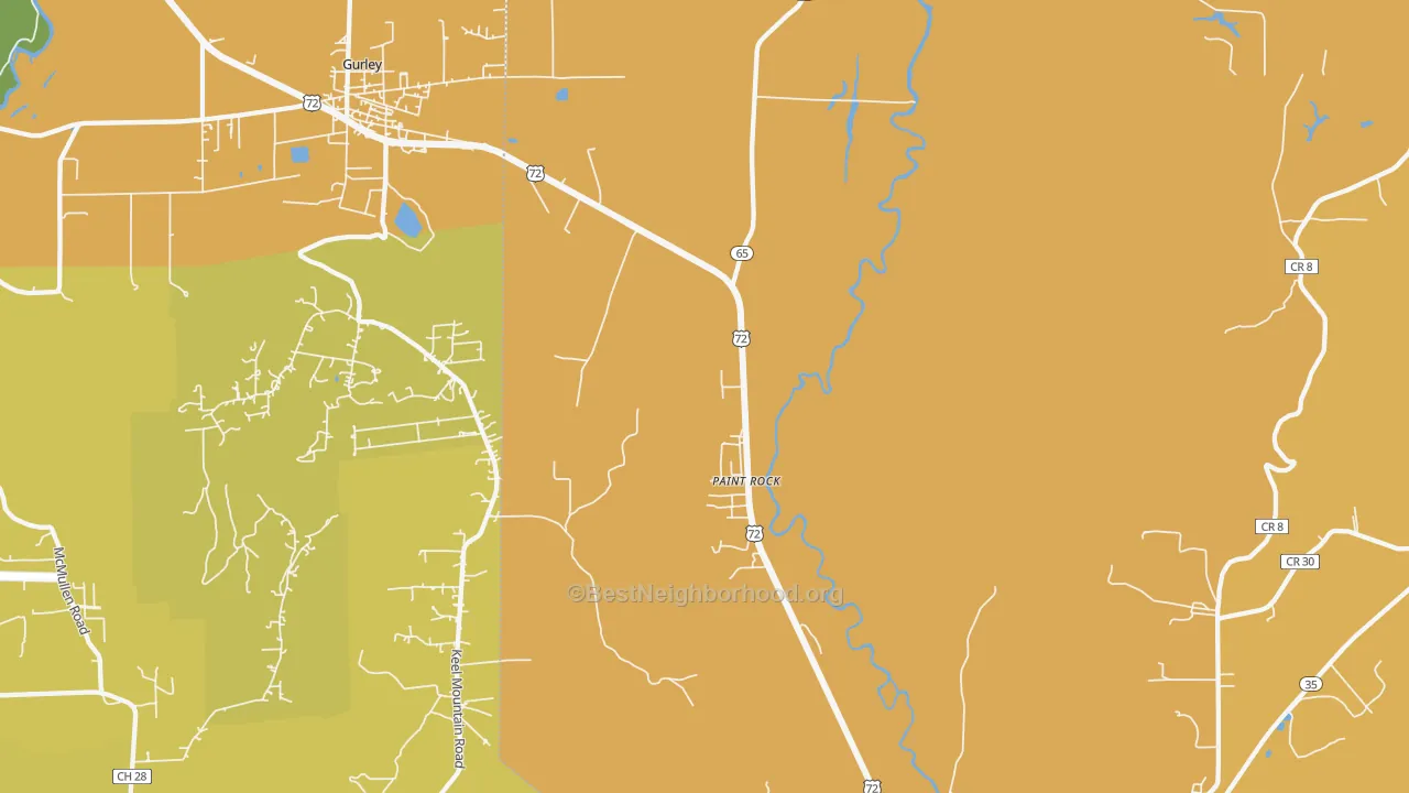 Map of the best neighborhoods in the Paint Rock area, with better matches in green and worse matches in red