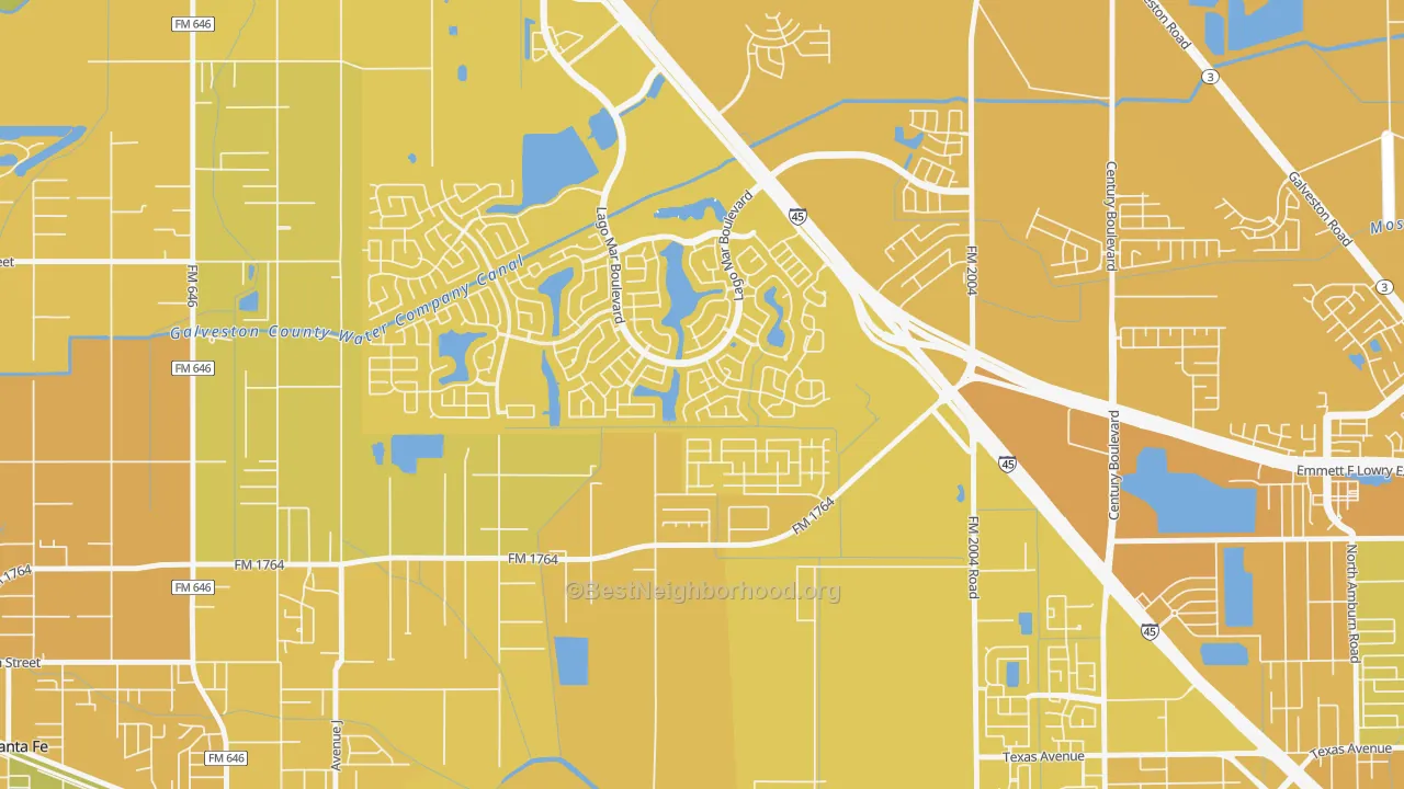 Map of the best neighborhoods in the Painted Meadows, Santa Fe area, with better matches in green and worse matches in red