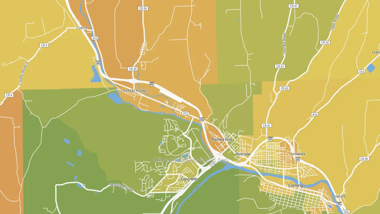 Map of the best neighborhoods in the Painted Post area, with better matches in green and worse matches in red