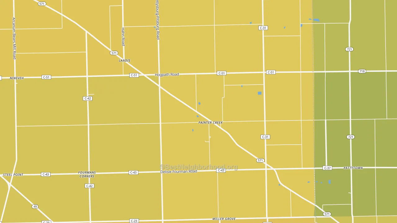 Map of the best neighborhoods in the Painter Creek area, with better matches in green and worse matches in red