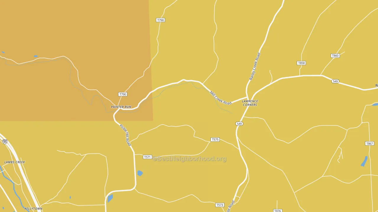 Map of the best neighborhoods in the Painter Run area, with better matches in green and worse matches in red