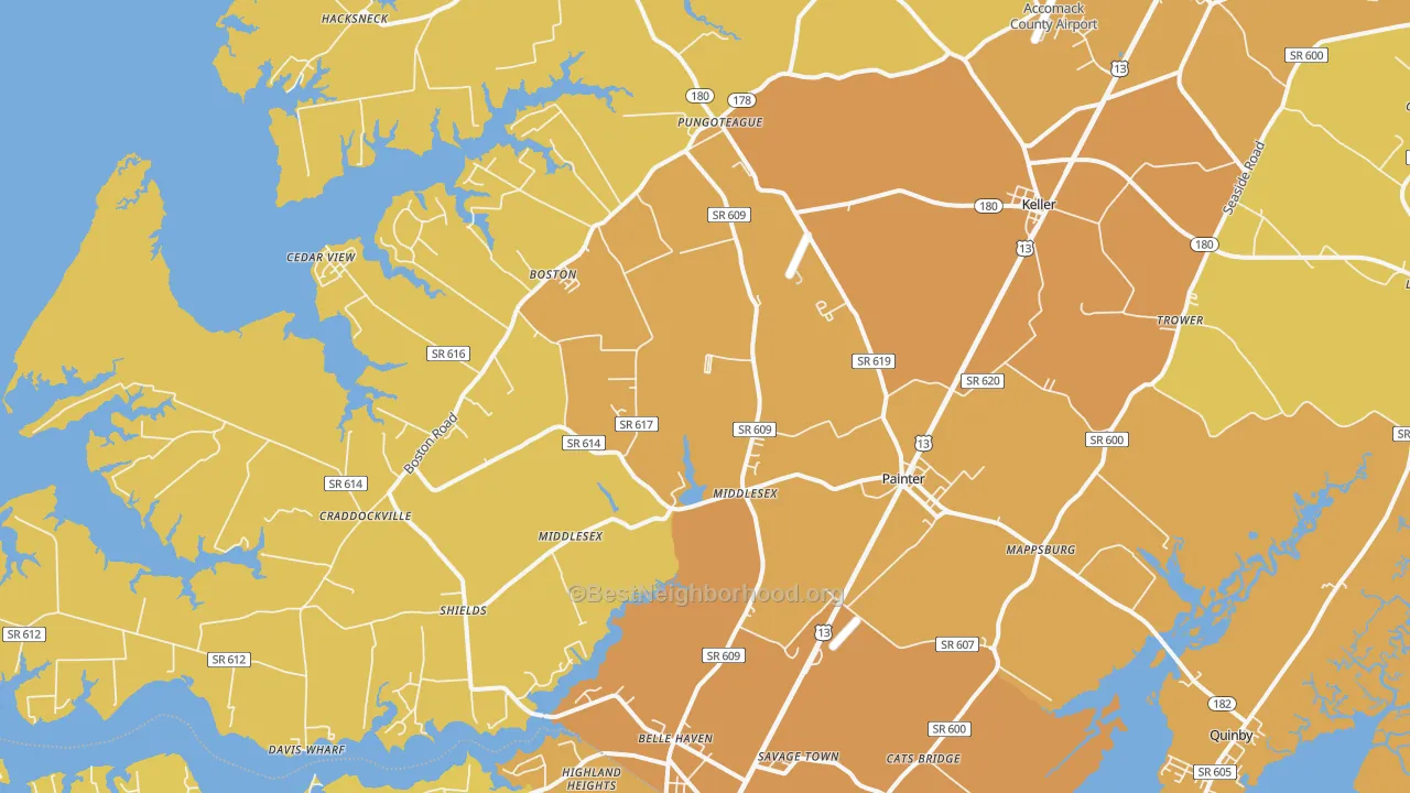 Map of the best neighborhoods in the Painter area, with better matches in green and worse matches in red