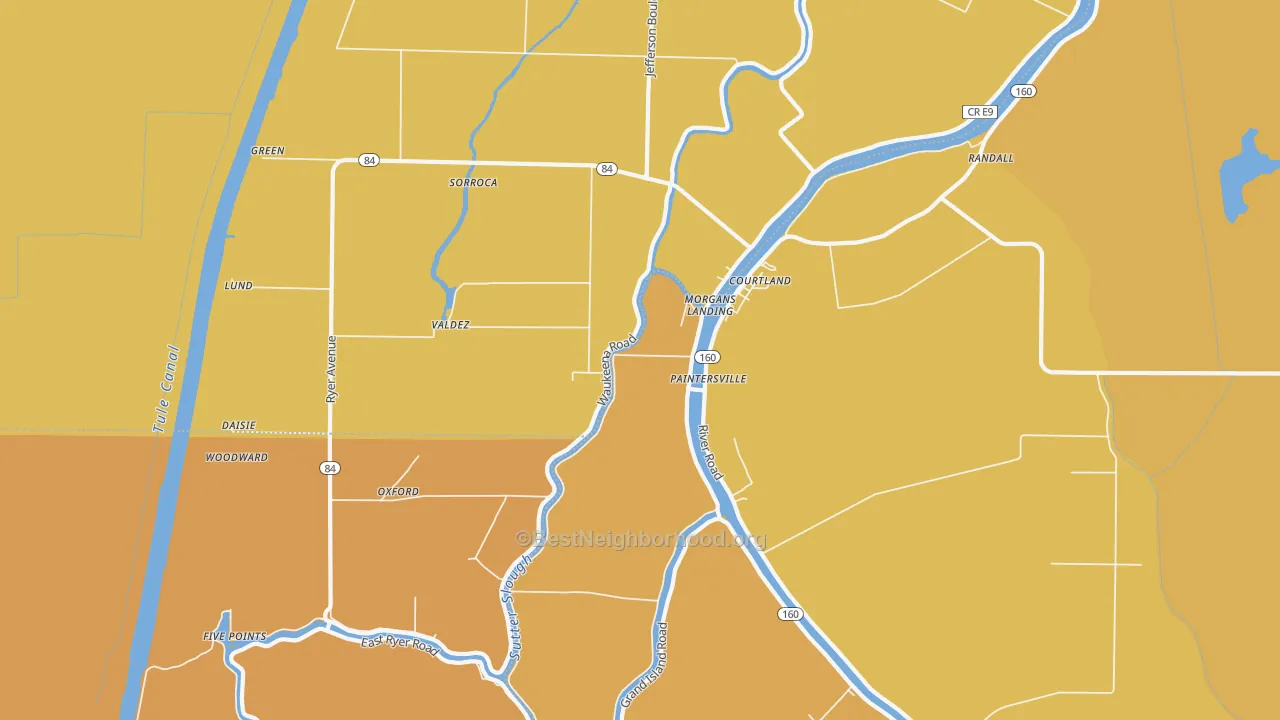 Map of the best neighborhoods in the Paintersville area, with better matches in green and worse matches in red
