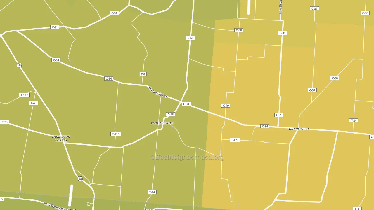 Map of the best neighborhoods in the Paintersville area, with better matches in green and worse matches in red