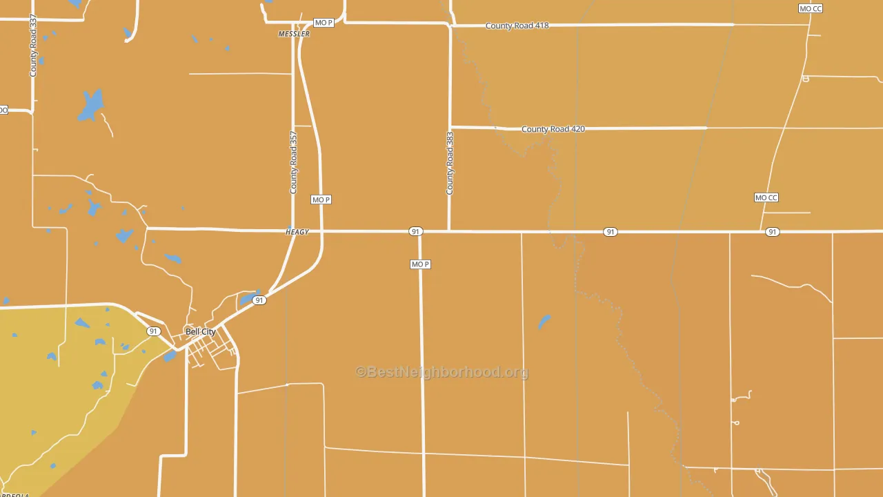 Map of the best neighborhoods in the Painton area, with better matches in green and worse matches in red