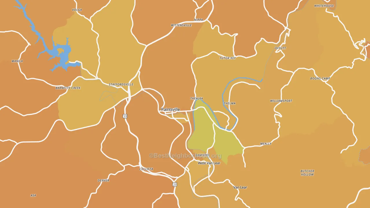 Map of the best neighborhoods in the Paintsville area, with better matches in green and worse matches in red