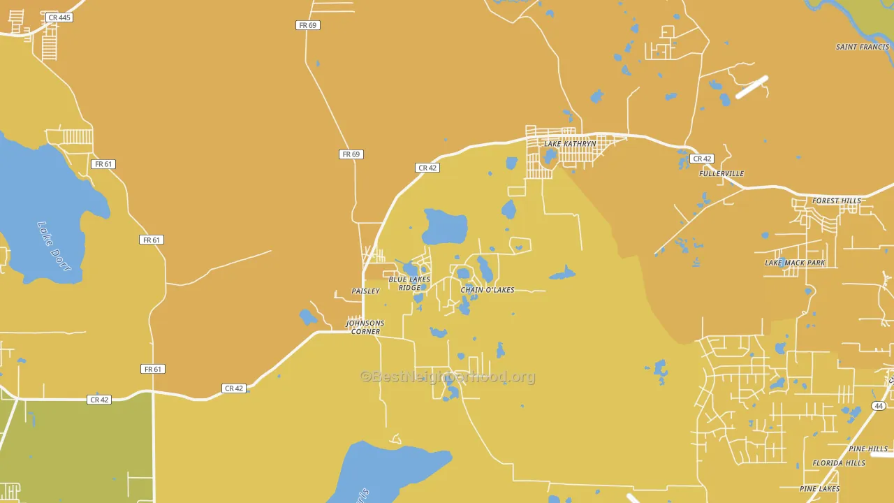Map of the best neighborhoods in the Paisley area, with better matches in green and worse matches in red