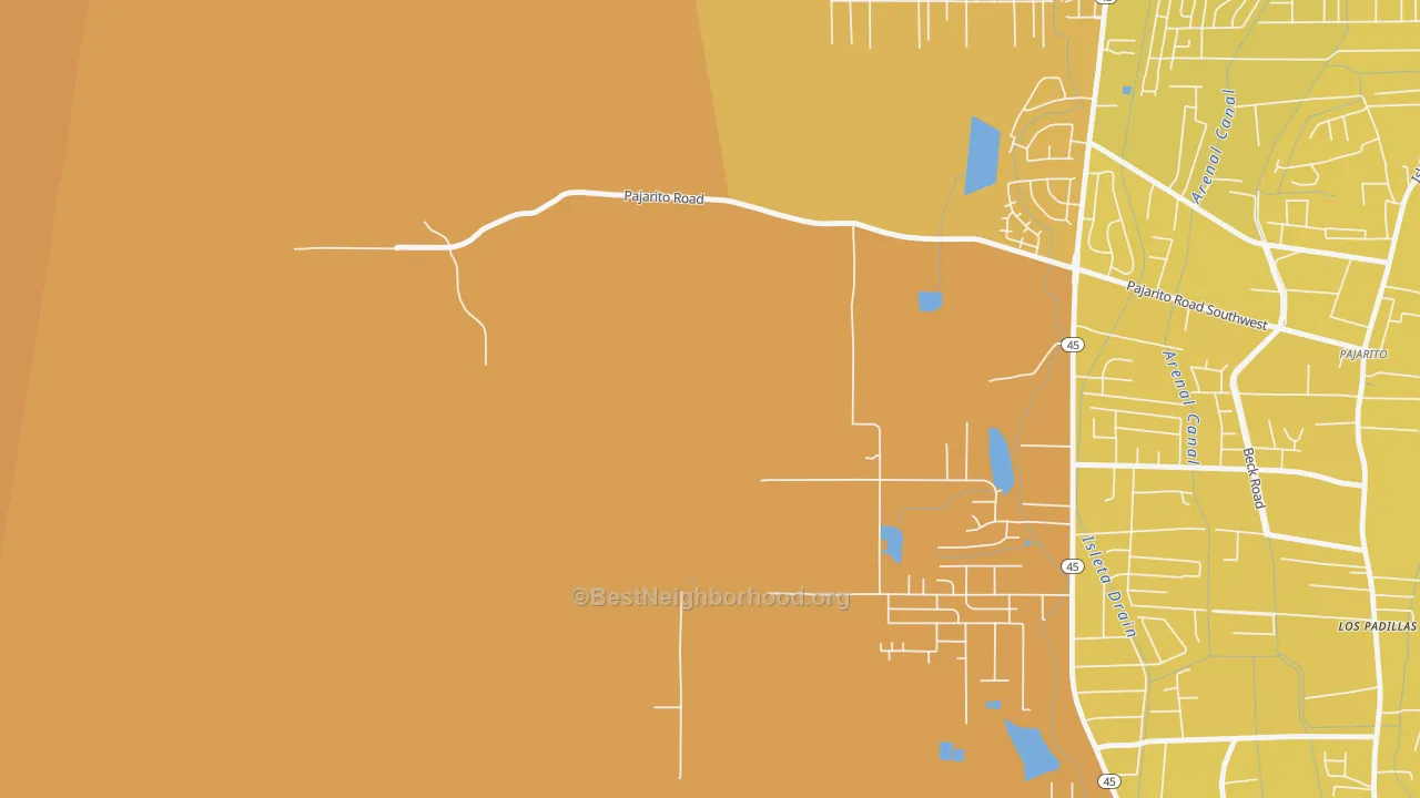 Map of the best neighborhoods in the Pajarito area, with better matches in green and worse matches in red