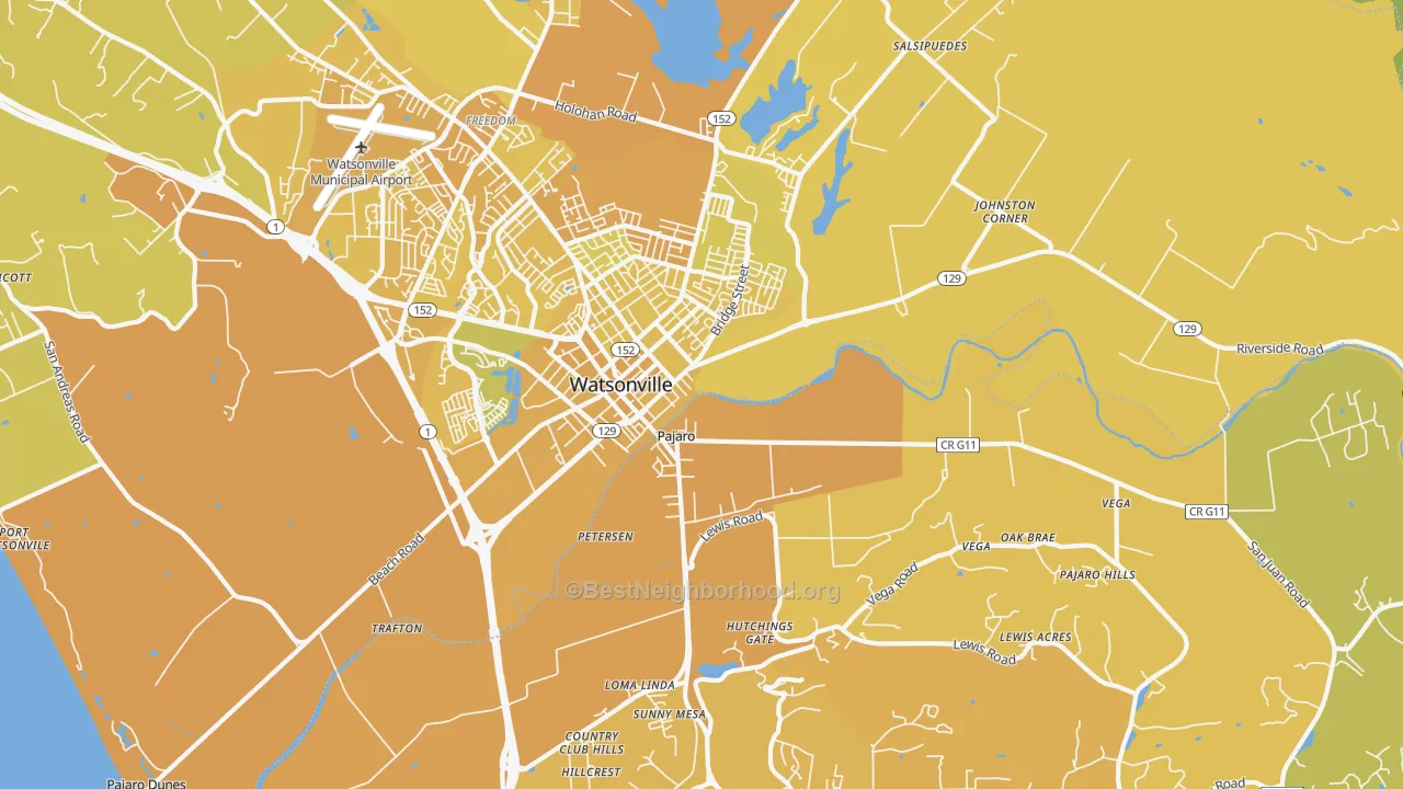 Map of the best neighborhoods in the Pajaro area, with better matches in green and worse matches in red