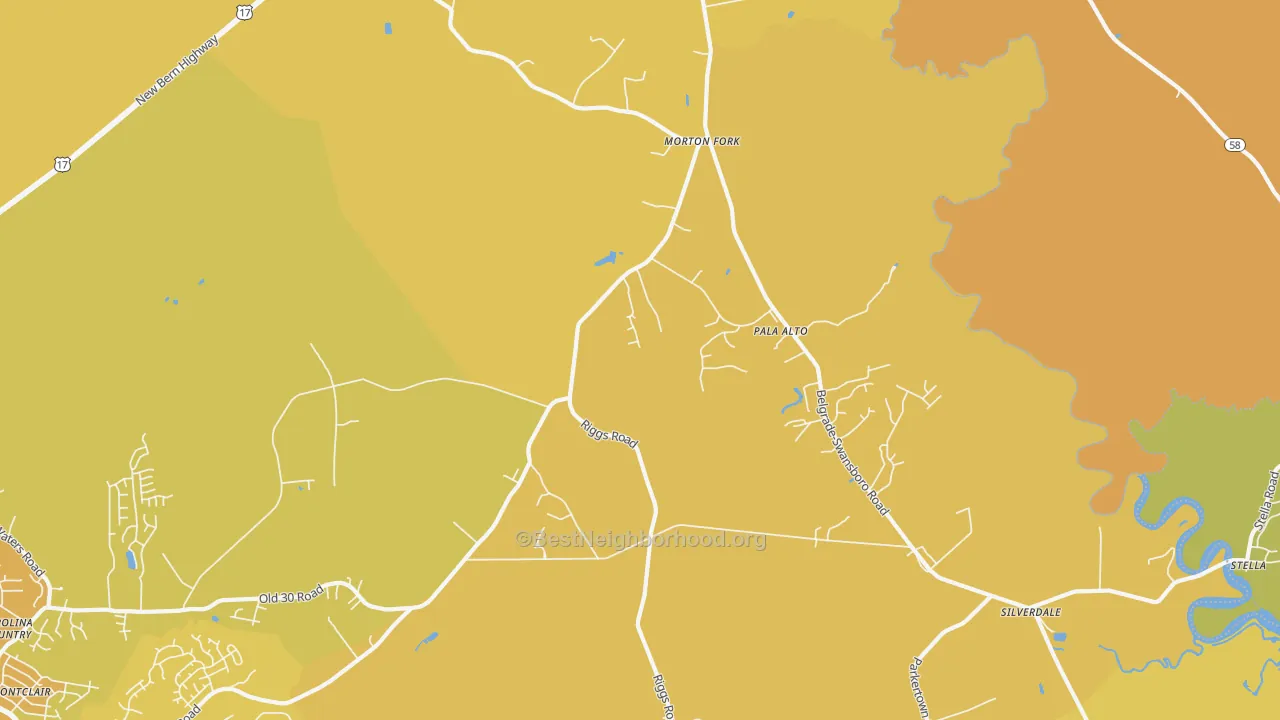 Map of the best neighborhoods in the Pala Alto area, with better matches in green and worse matches in red