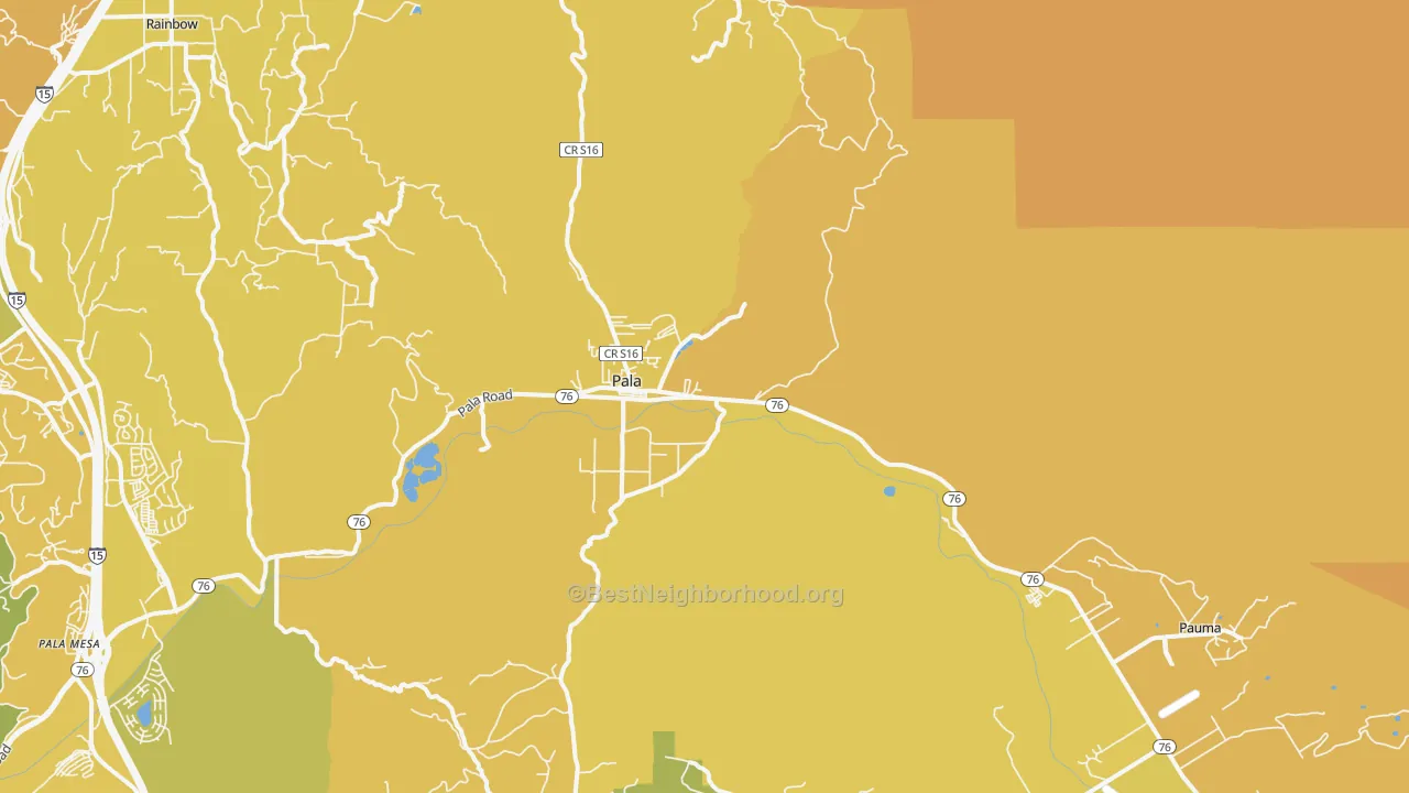 Map of the best neighborhoods in the Pala area, with better matches in green and worse matches in red