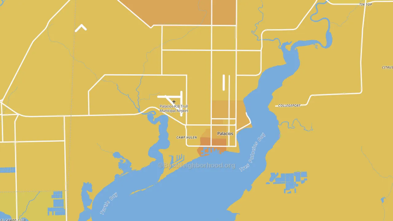 Map of the best neighborhoods in the Palacios area, with better matches in green and worse matches in red