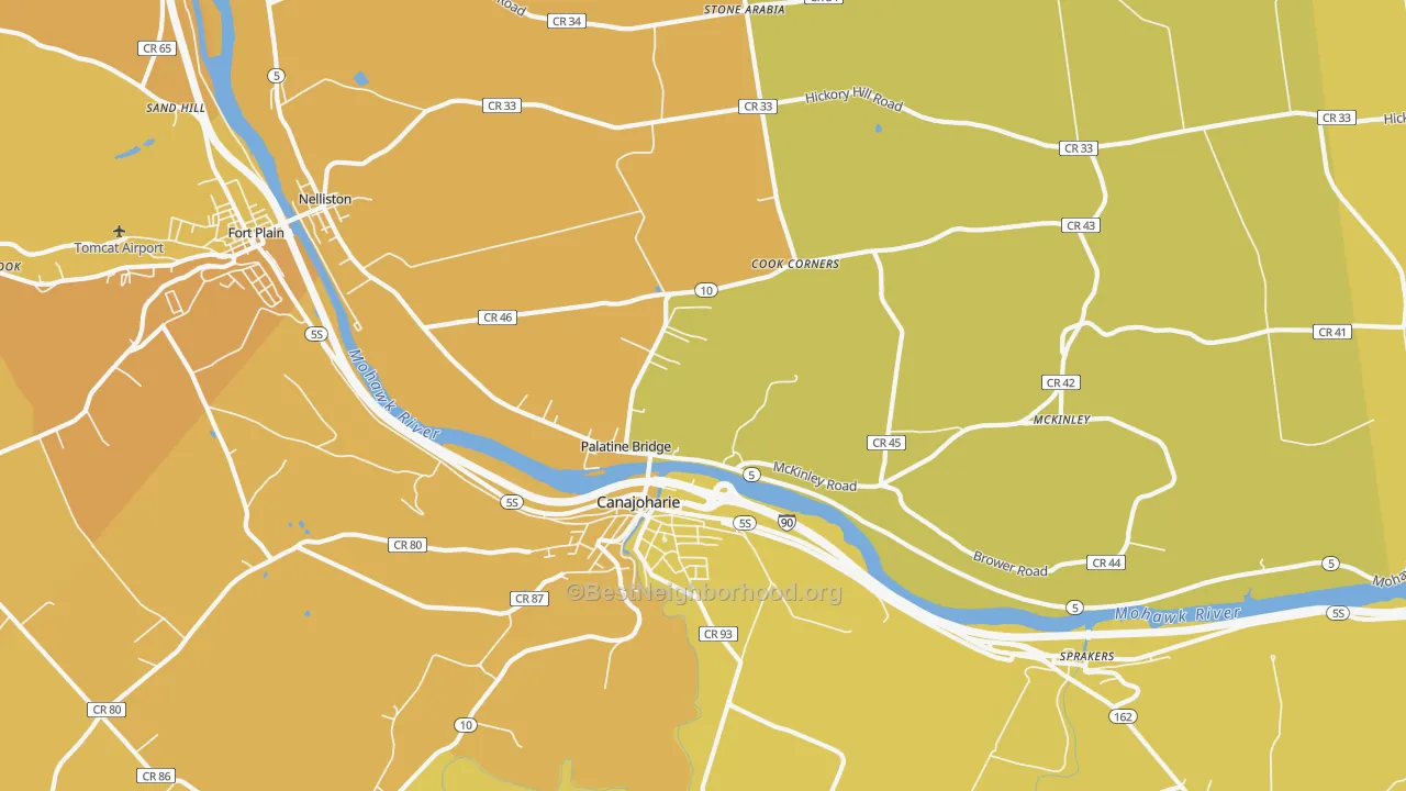 Map of the best neighborhoods in the Palatine Bridge area, with better matches in green and worse matches in red