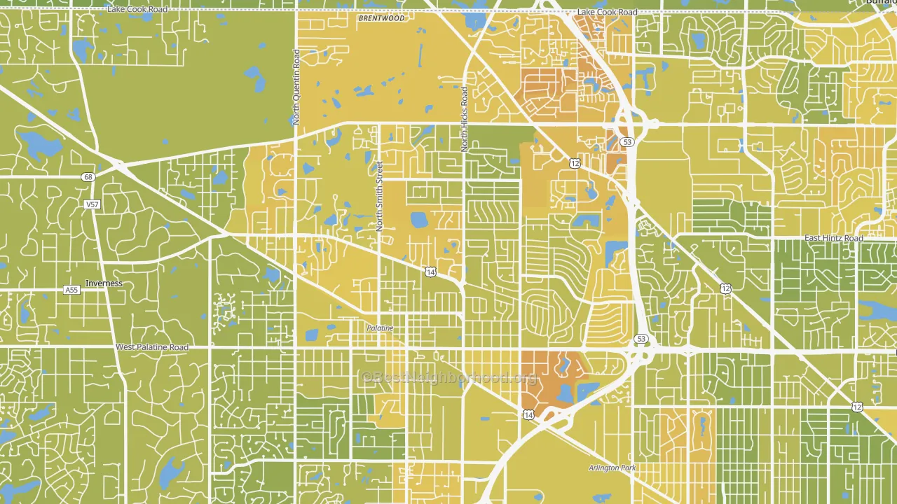 Map of the best neighborhoods in the Palatine area, with better matches in green and worse matches in red