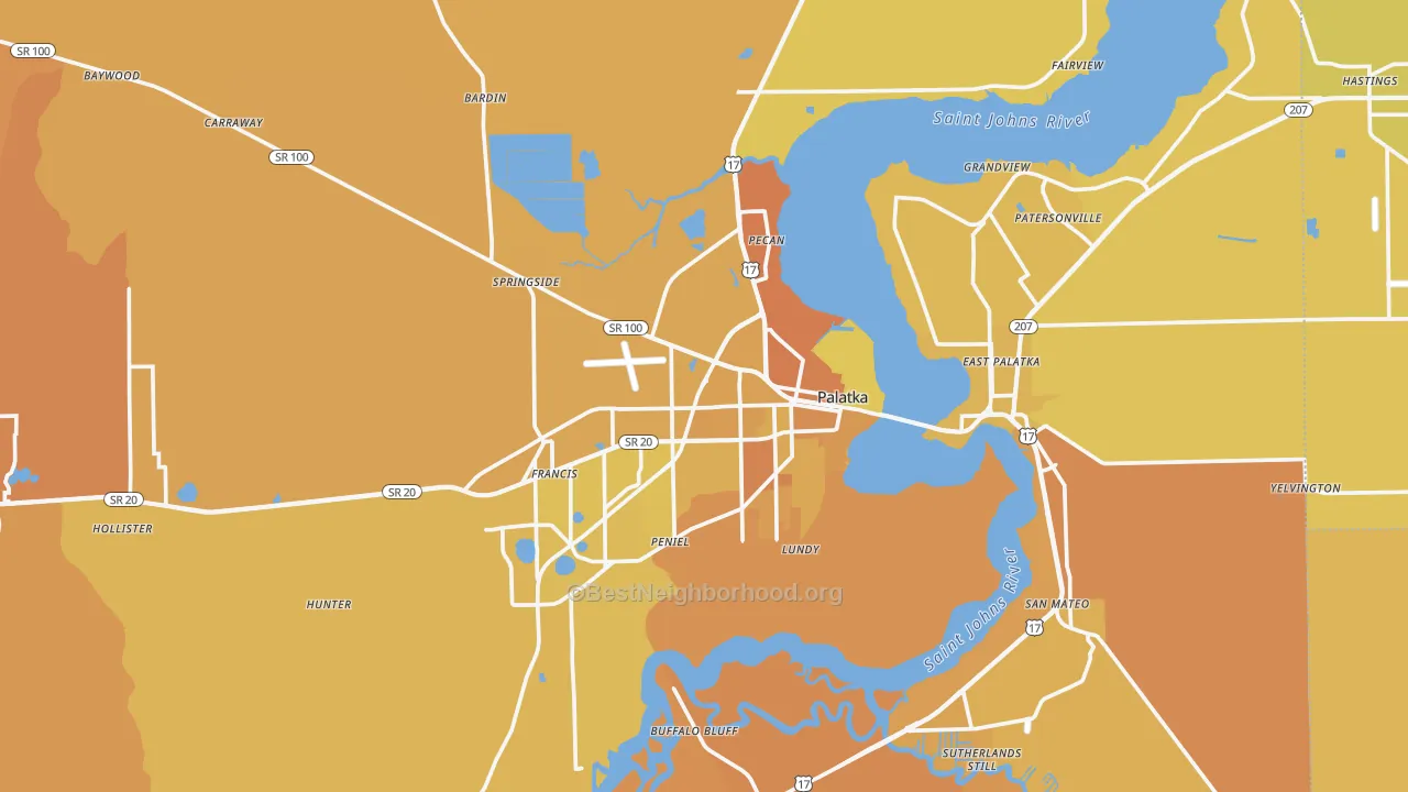 Map of the best neighborhoods in the Palatka area, with better matches in green and worse matches in red