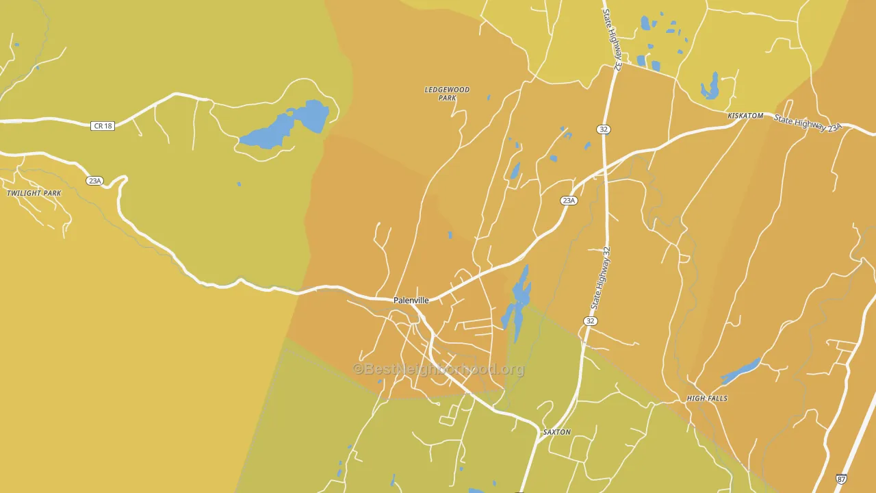 Map of the best neighborhoods in the Palenville area, with better matches in green and worse matches in red