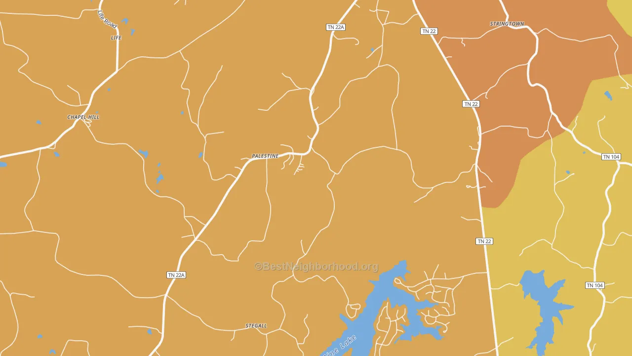 Map of the best neighborhoods in the Palestine area, with better matches in green and worse matches in red