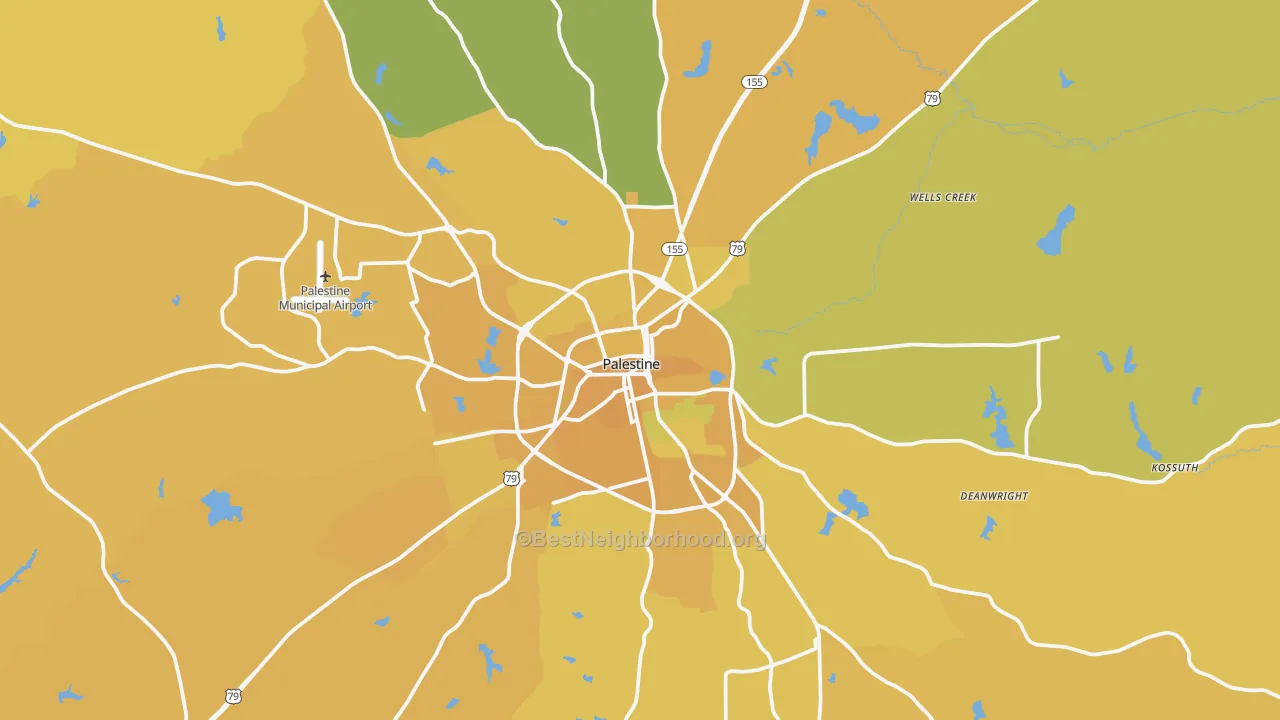 Map of the best neighborhoods in the Palestine area, with better matches in green and worse matches in red