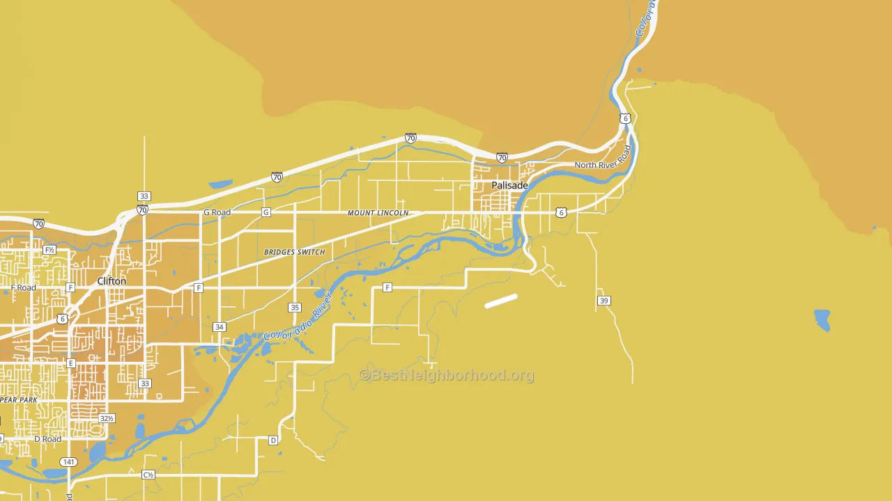 Map of the best neighborhoods in the Palisade area, with better matches in green and worse matches in red