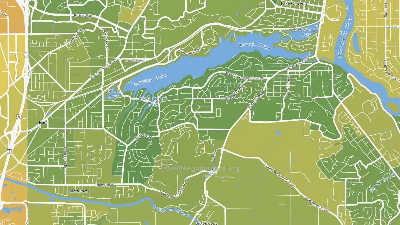 Map of the best neighborhoods in the Palisades, Lake Oswego area, with better matches in green and worse matches in red