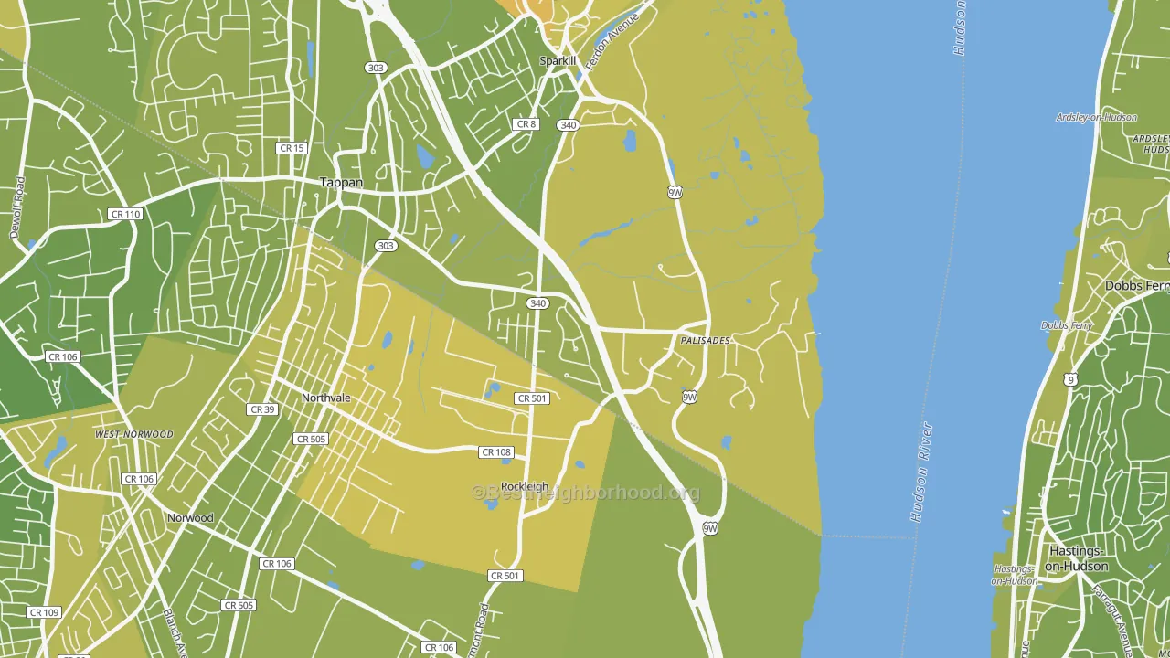 Map of the best neighborhoods in the Palisades area, with better matches in green and worse matches in red