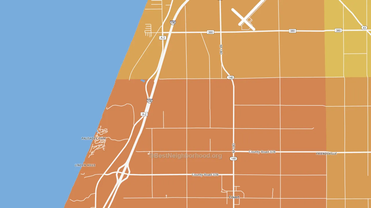 Map of the best neighborhoods in the Palisades Park area, with better matches in green and worse matches in red