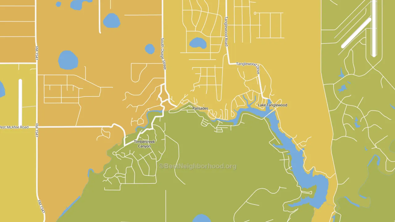 Map of the best neighborhoods in the Palisades area, with better matches in green and worse matches in red