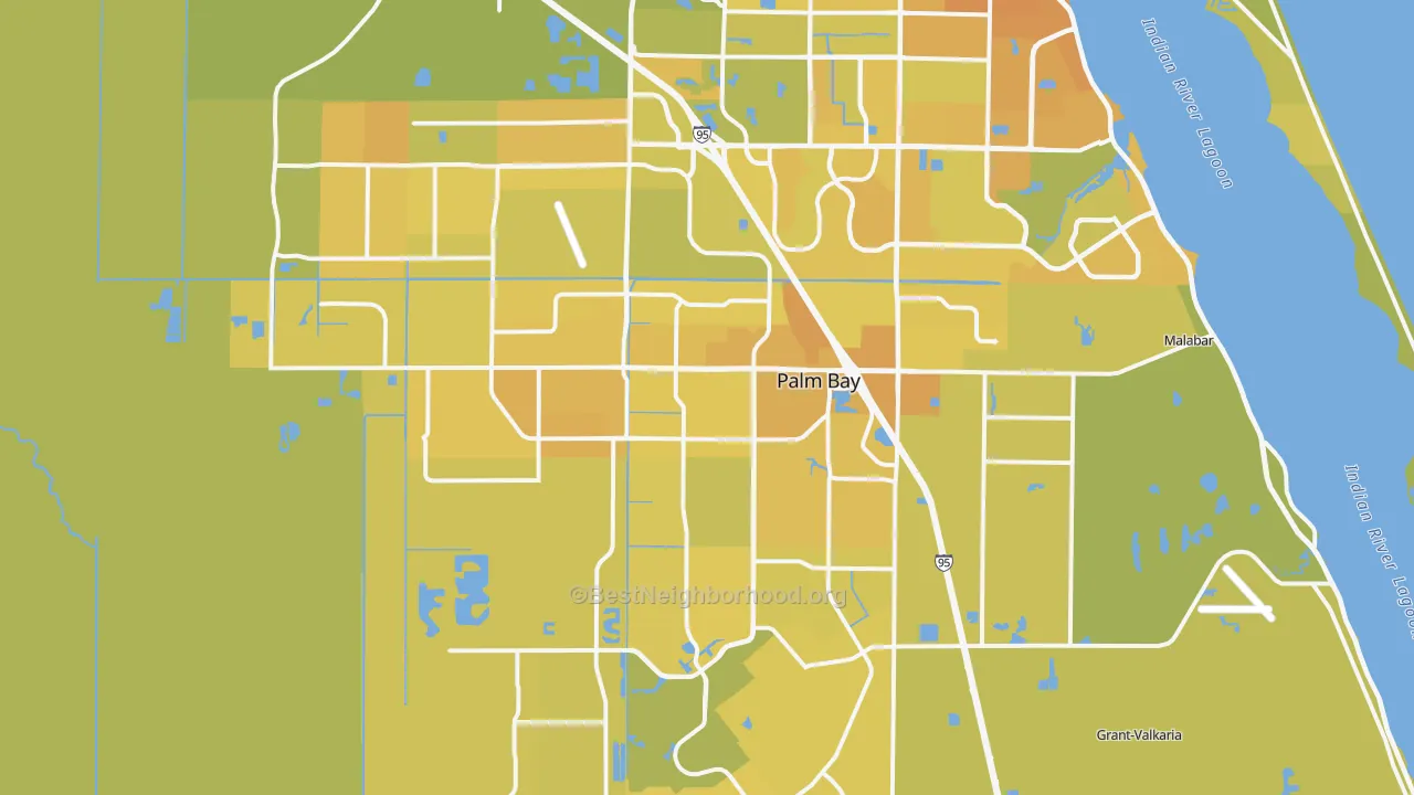 Map of the best neighborhoods in the Palm Bay area, with better matches in green and worse matches in red