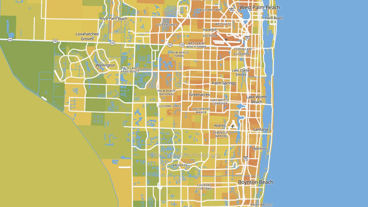 Map of the best neighborhoods in the Palm Beach County area, with better matches in green and worse matches in red