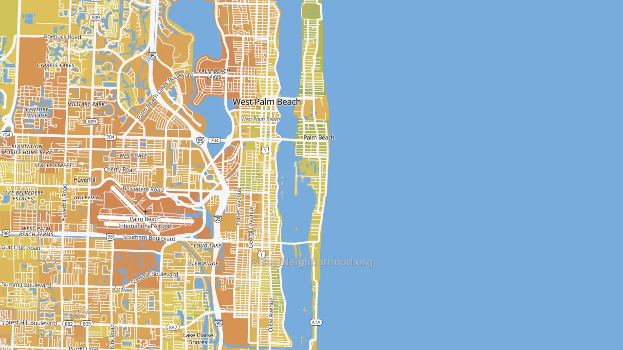 Map of the best neighborhoods in the Palm Beach area, with better matches in green and worse matches in red