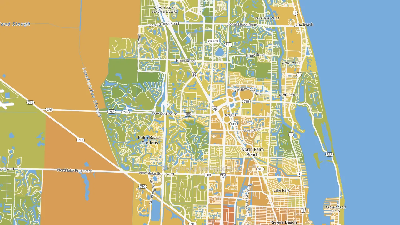 Map of the best neighborhoods in the Palm Beach Gardens area, with better matches in green and worse matches in red