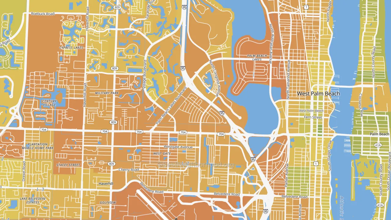 Map of the best neighborhoods in the Palm Beach Lakes, West Palm Beach area, with better matches in green and worse matches in red