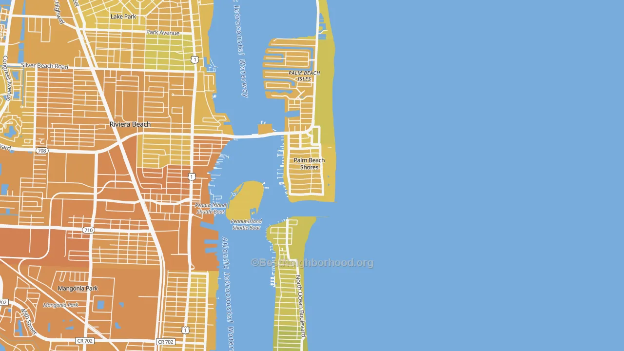 Map of the best neighborhoods in the Palm Beach Shores area, with better matches in green and worse matches in red