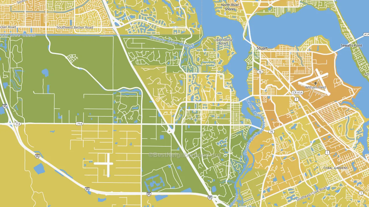 Map of the best neighborhoods in the Palm City area, with better matches in green and worse matches in red