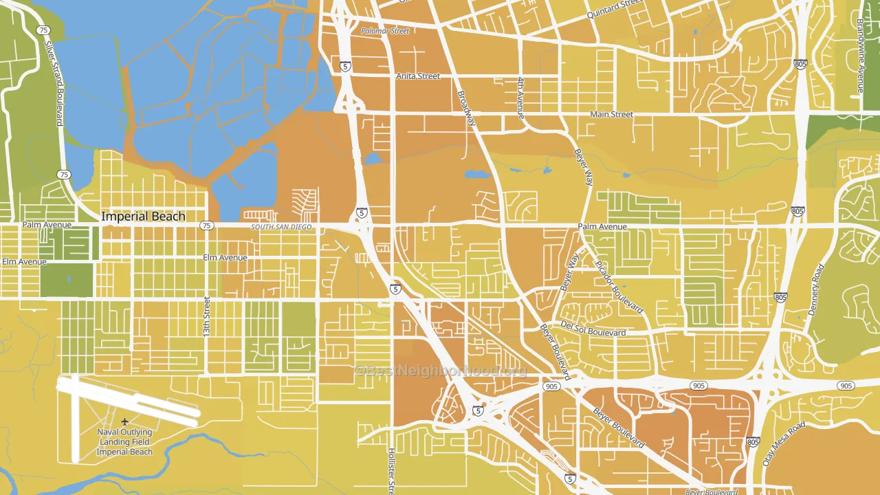 Map of the best neighborhoods in the Palm City, San Diego area, with better matches in green and worse matches in red