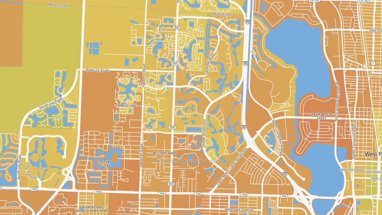 Map of the best neighborhoods in the Palm Club Village, West Palm Beach area, with better matches in green and worse matches in red