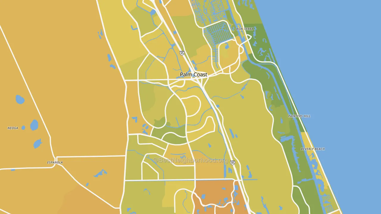 Map of the best neighborhoods in the Palm Coast area, with better matches in green and worse matches in red