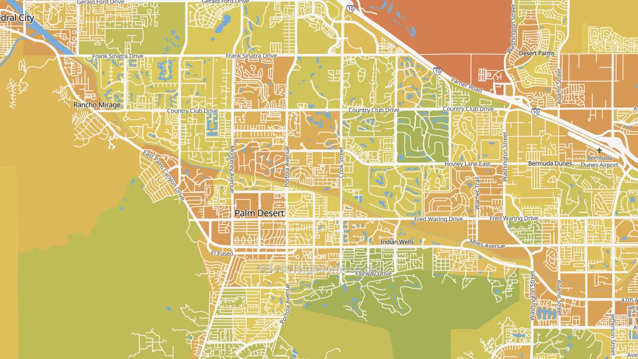 Map of the best neighborhoods in the Palm Desert area, with better matches in green and worse matches in red