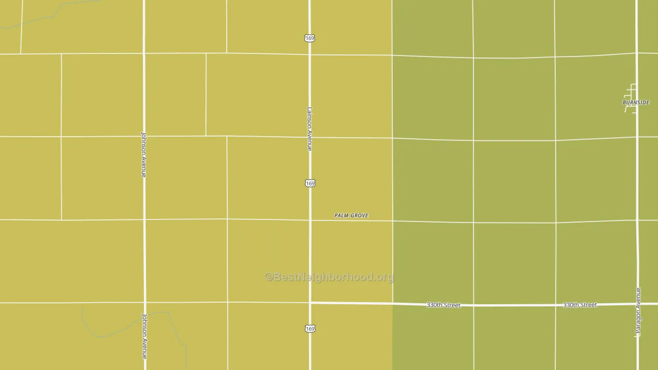 Map of the best neighborhoods in the Palm Grove area, with better matches in green and worse matches in red