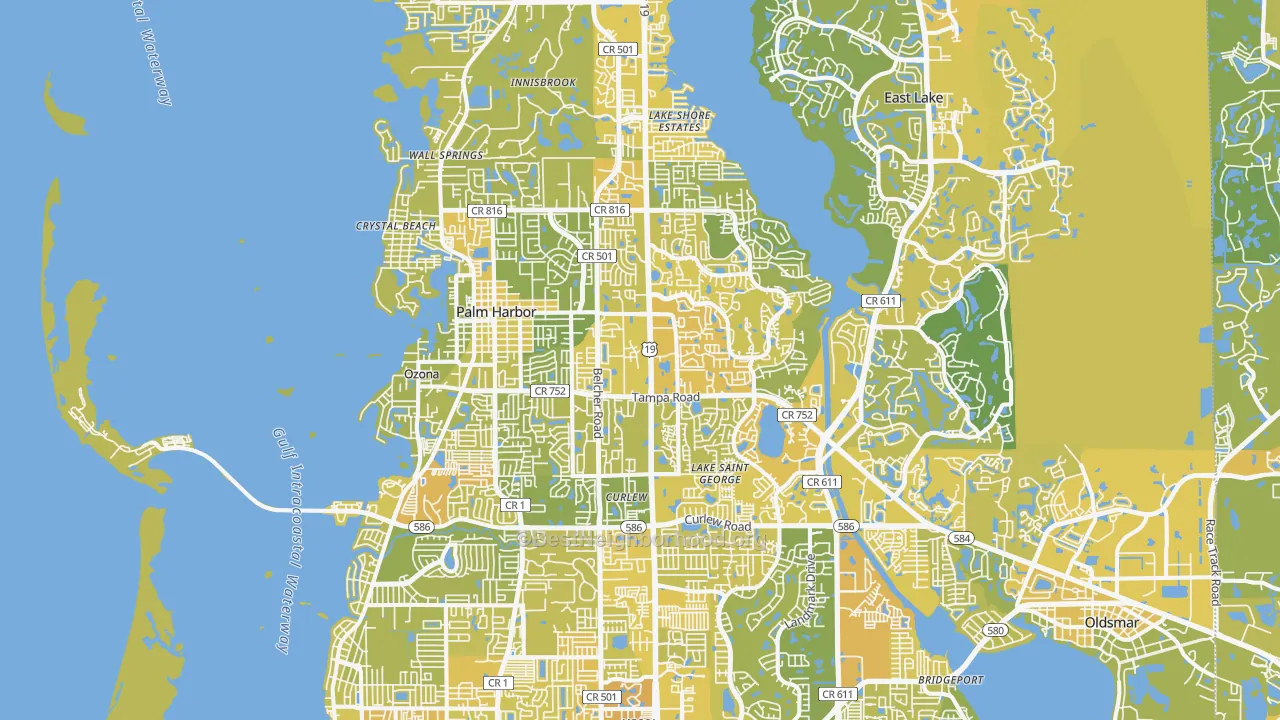Map of the best neighborhoods in the Palm Harbor area, with better matches in green and worse matches in red