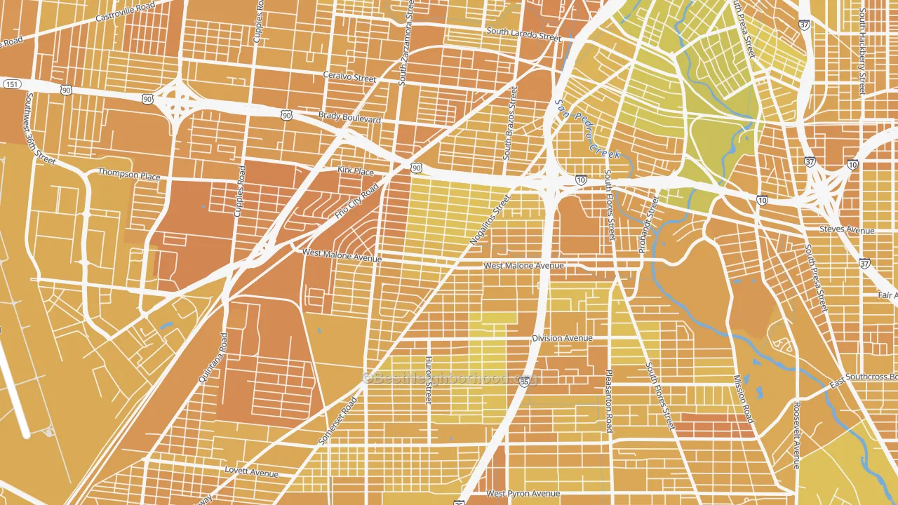 Map of the best neighborhoods in the Palm Heights, San Antonio area, with better matches in green and worse matches in red