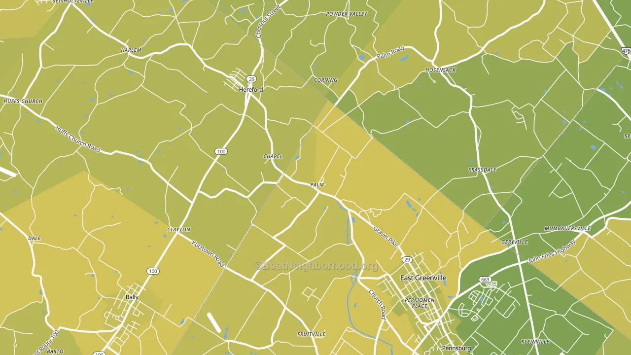 Map of the best neighborhoods in the Palm area, with better matches in green and worse matches in red