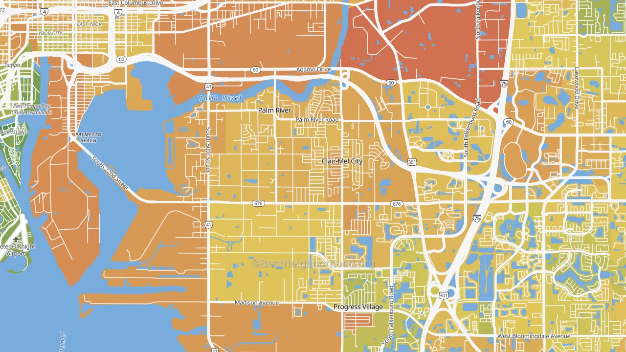 Map of the best neighborhoods in the Palm River-Clair Mel area, with better matches in green and worse matches in red
