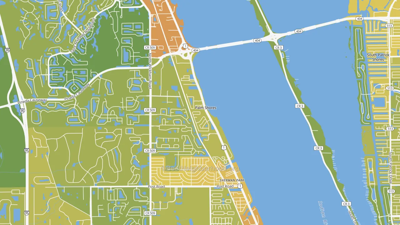 Map of the best neighborhoods in the Palm Shores area, with better matches in green and worse matches in red