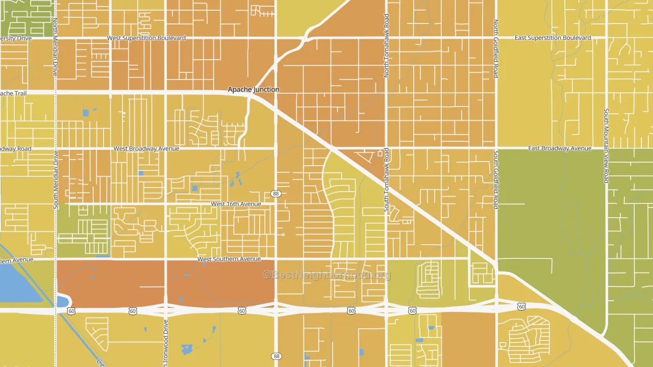 Map of the best neighborhoods in the Palm Springs, Apache Junction area, with better matches in green and worse matches in red