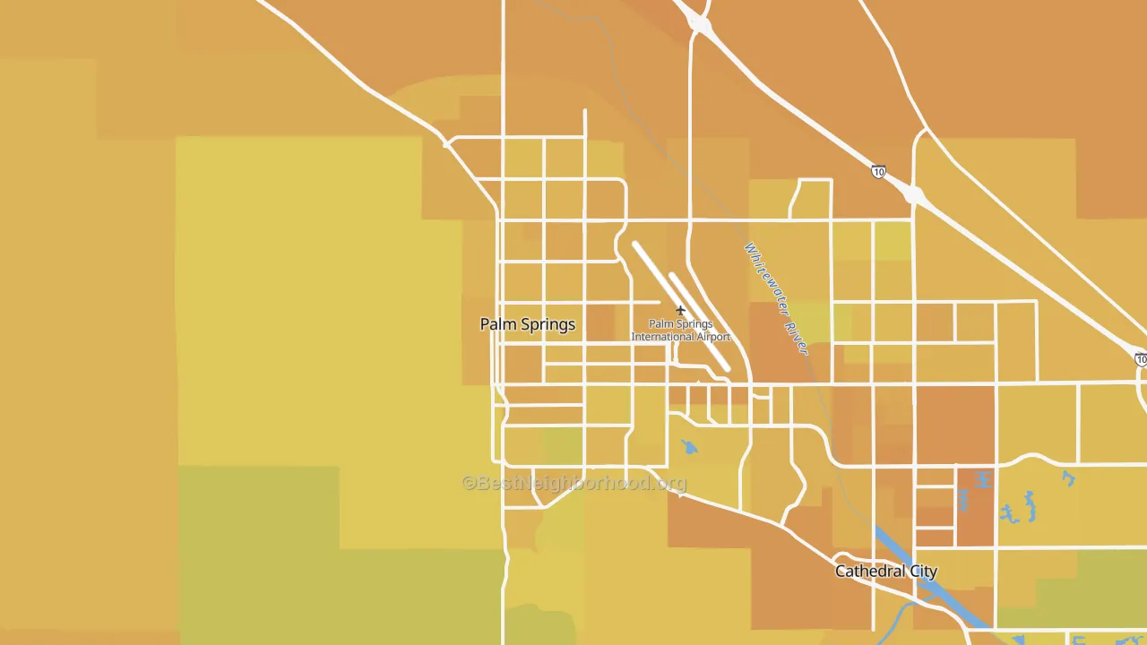 Map of the best neighborhoods in the Palm Springs area, with better matches in green and worse matches in red