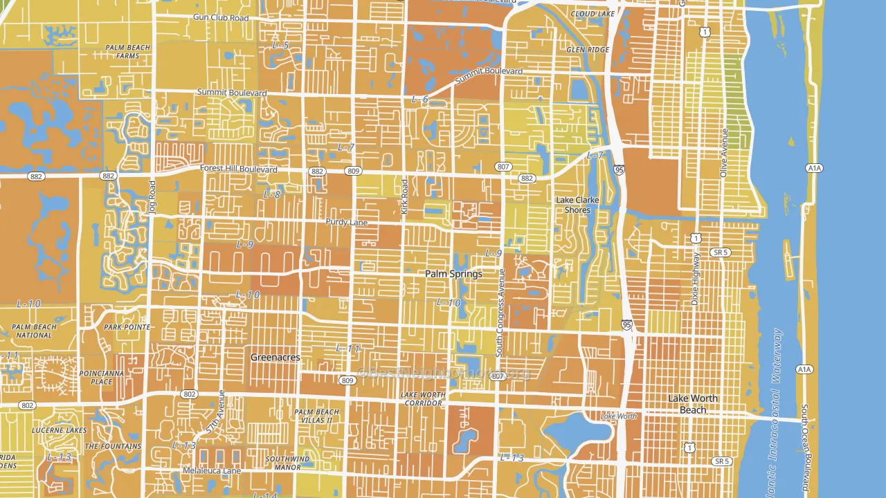 Map of the best neighborhoods in the Palm Springs area, with better matches in green and worse matches in red
